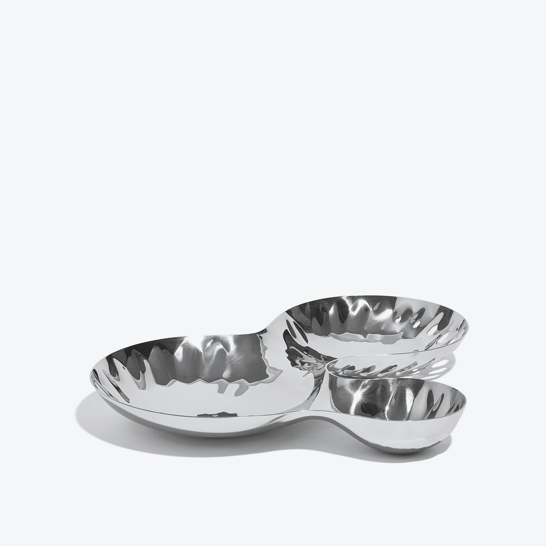Cell Bowl — large silver three-well bowl, low front view on a white background