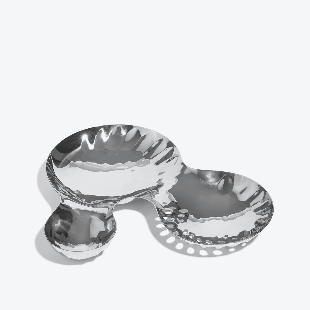 Cell Bowl — large silver three-well bowl, top-down three-quarter view on a white background