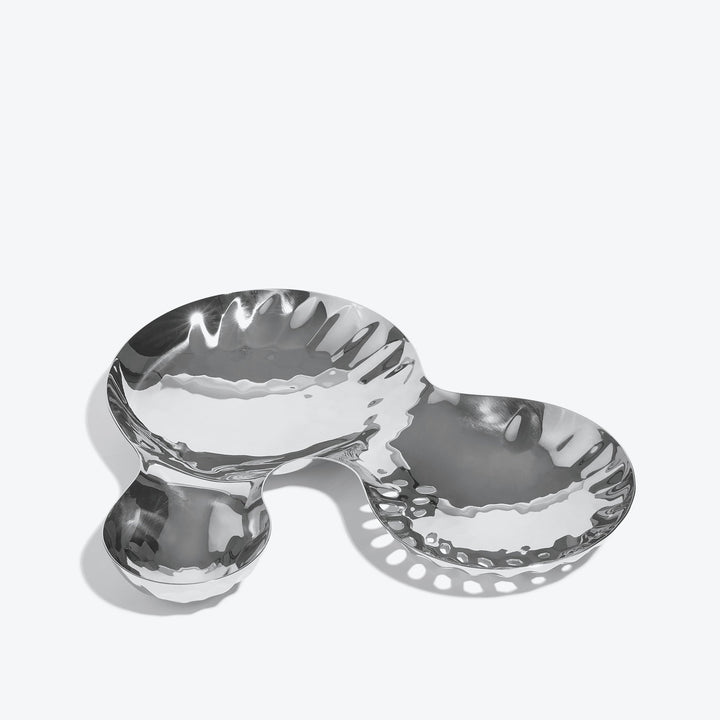 Cell Bowl — large silver three-well bowl, top-down three-quarter view on a white background