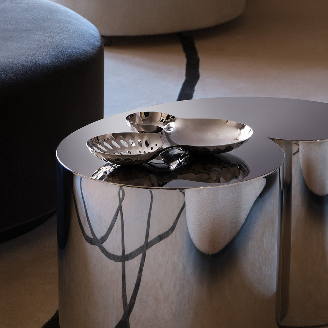 Cell Bowl — large silver three-well bowl and small bowl on a mirrored side table, lifestyle view