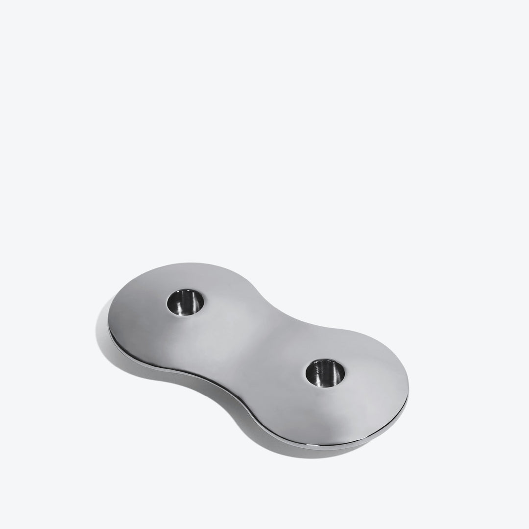 Cell Candle Holder — small silver two-candle piece, three-quarter view from above