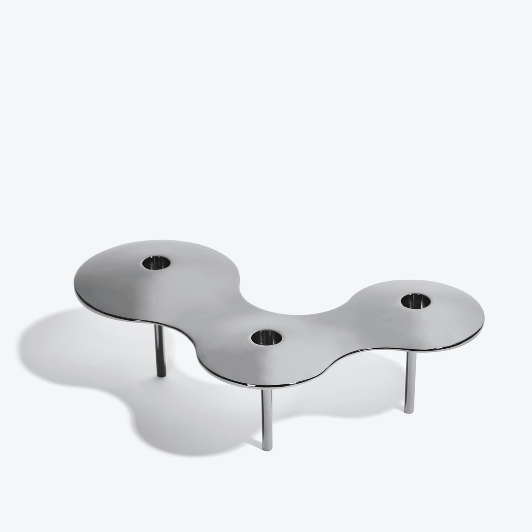 Cell Candle Holder — large silver three-candle piece on tall legs, alternate angle from above