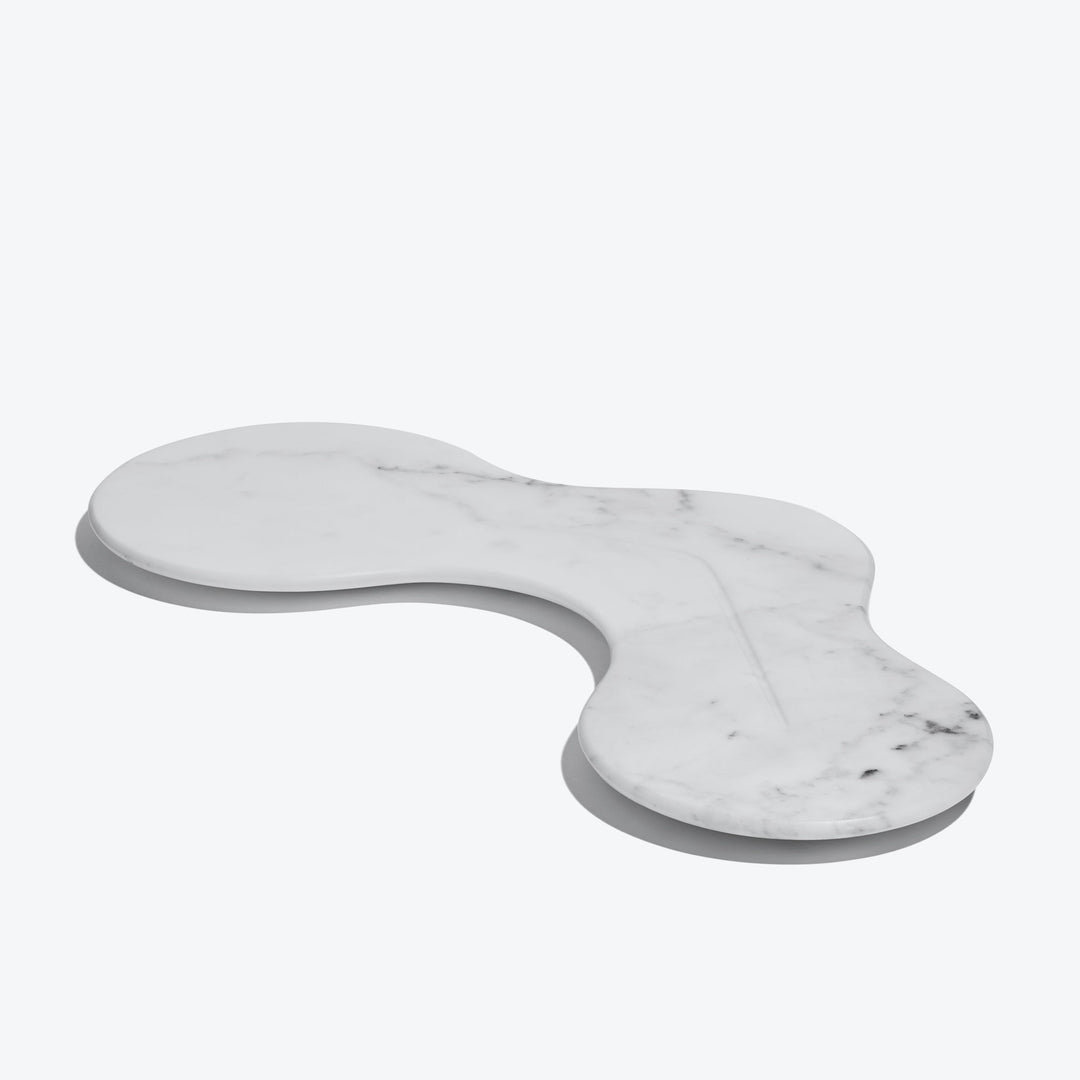 Cell Platter — white marble platter with gray veining, three-quarter view