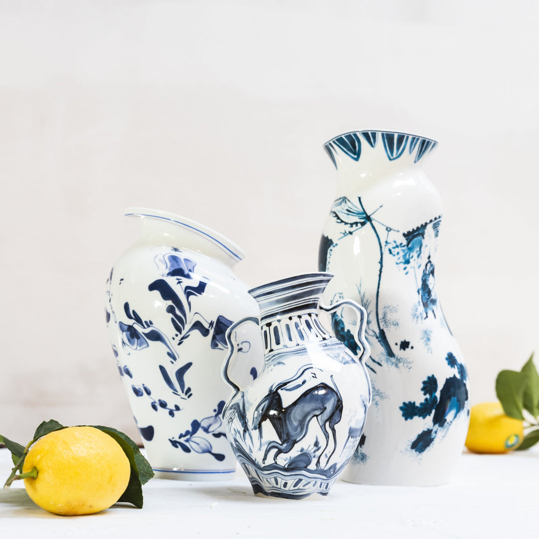 Seletti Classics on Acid King Wen Blue and White Vase, the King Wen vase grouped with other blue and white vases and lemons