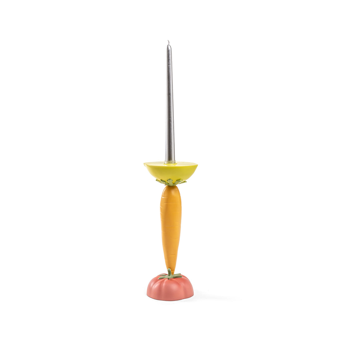 Seletti Vitamin Carrot Candlestick, candlestick of a carrot on a red tomato base with a yellow cup, taper fitted
