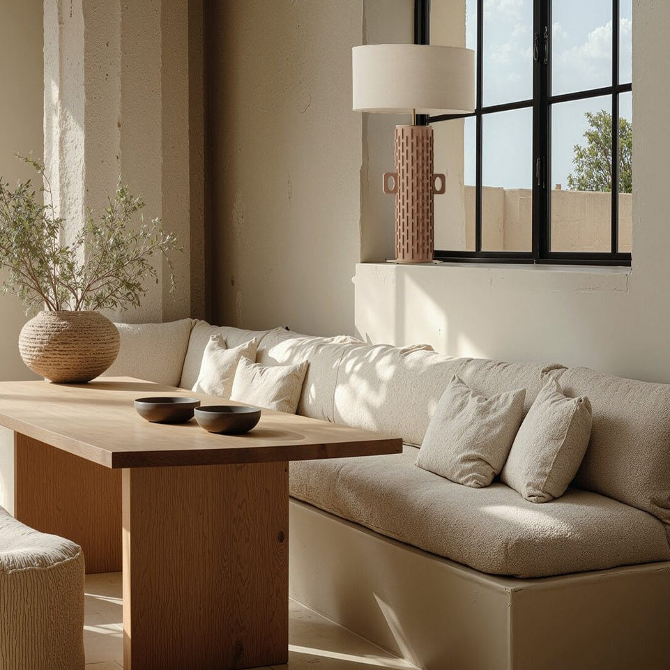 Yut Table Lamp in terracotta ceramic on a windowsill above a cream banquette and oak dining table