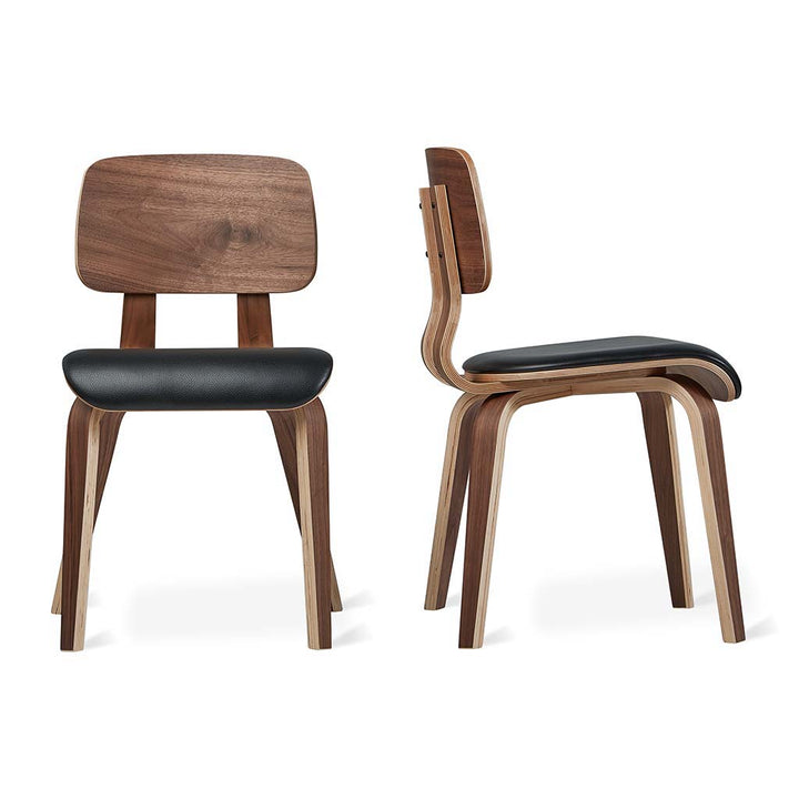 Walnut wood chair with black leather seat, modern designer furniture