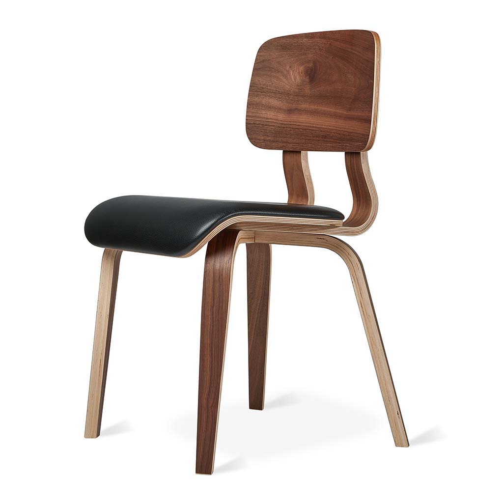 Walnut plywood dining chair with black leather seat, mid-century modern design