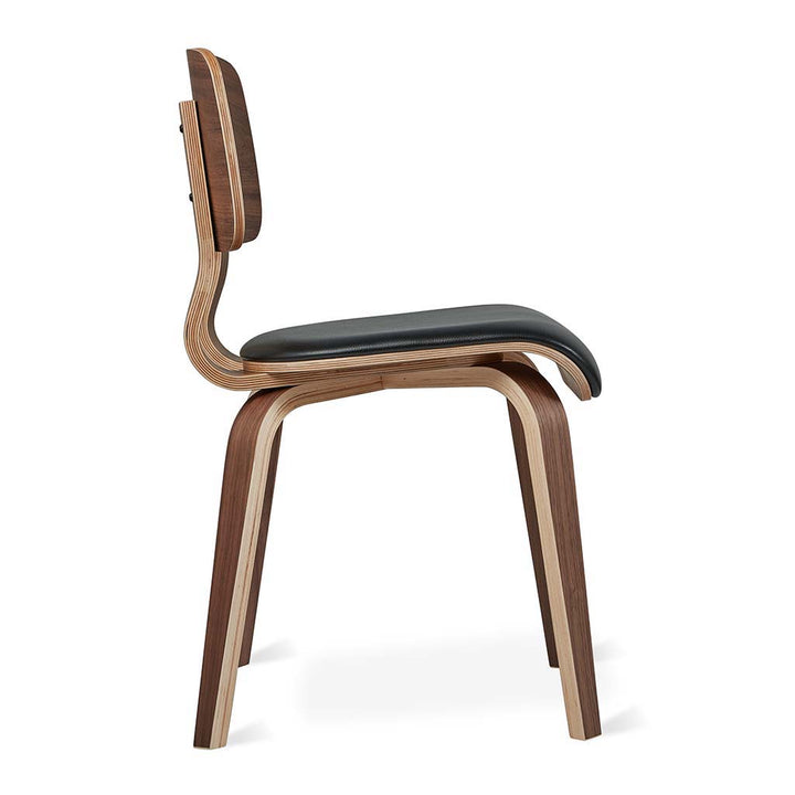 Elegant walnut plywood chair with black leather seat, modern designer furniture