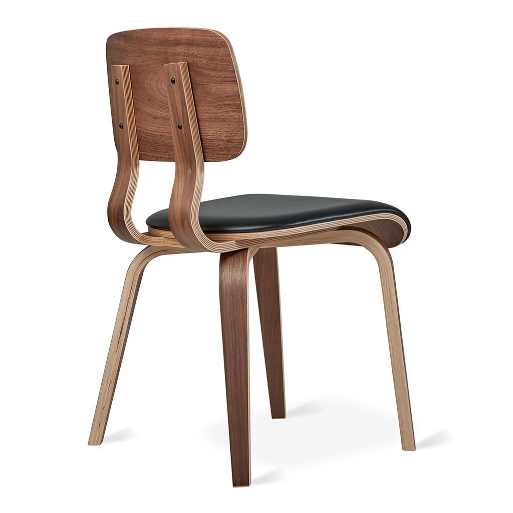 Walnut wood chair with black leather seat, modern designer furniture