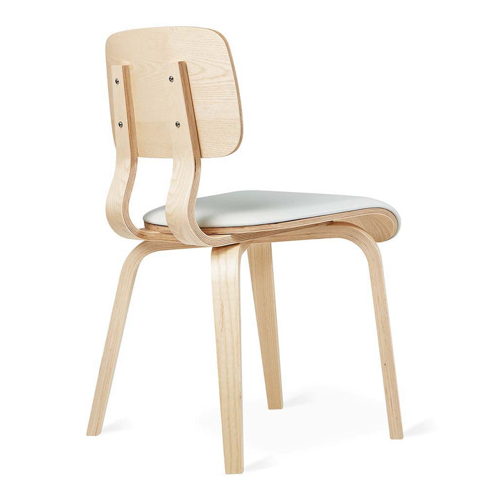 Bentwood dining chair with white upholstered seat, showcasing minimalist design and natural wood grain