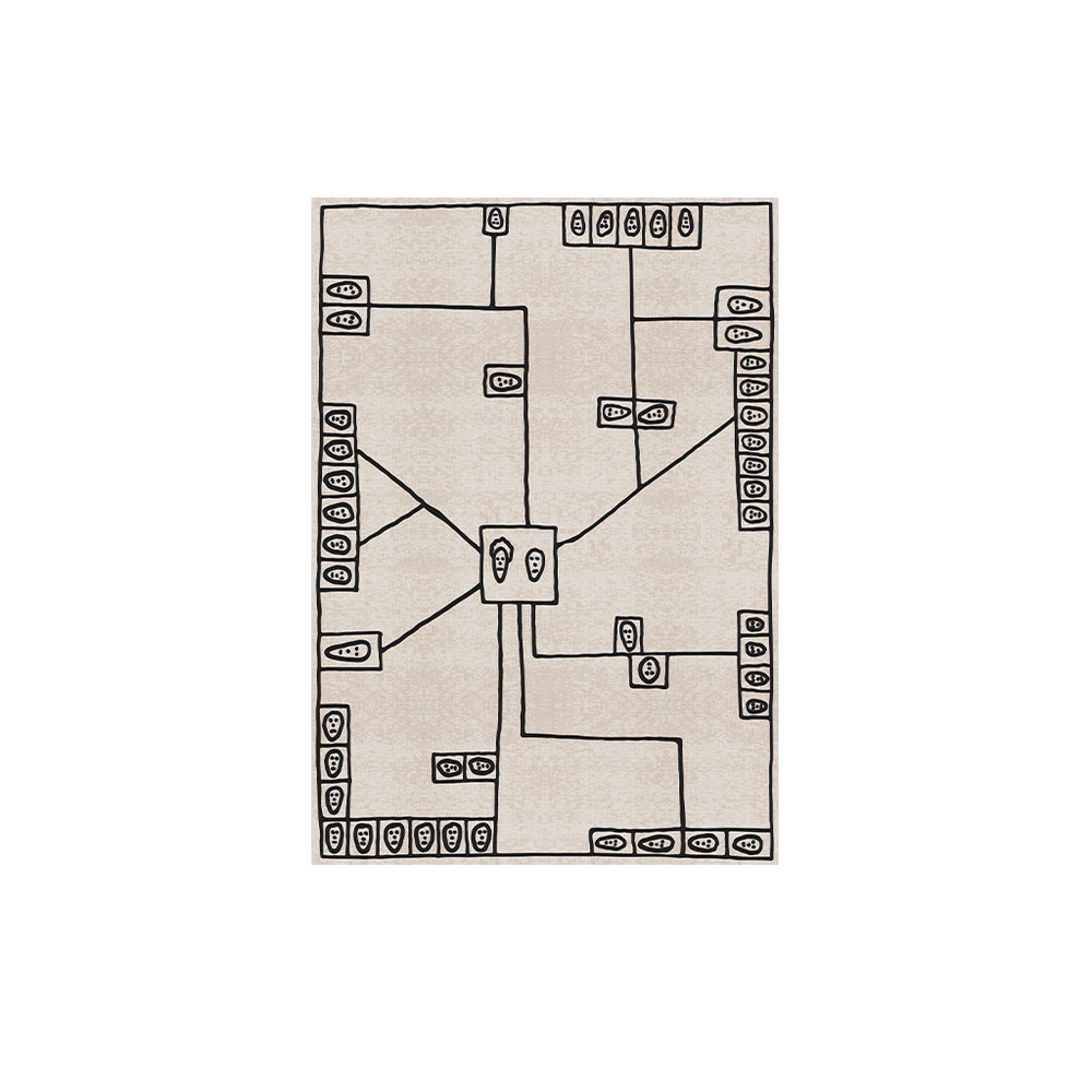 Wool area rug with abstract black linework and geometric motif on a neutral background