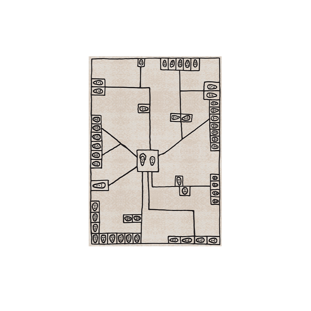 Wool area rug with abstract black linework and geometric motif on a neutral background