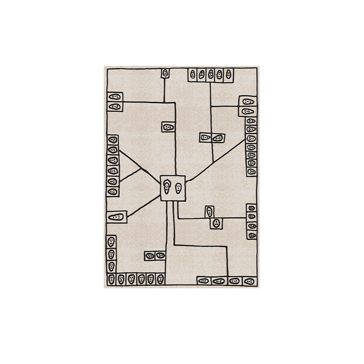 Wool area rug with abstract black linework and geometric motif on a neutral background