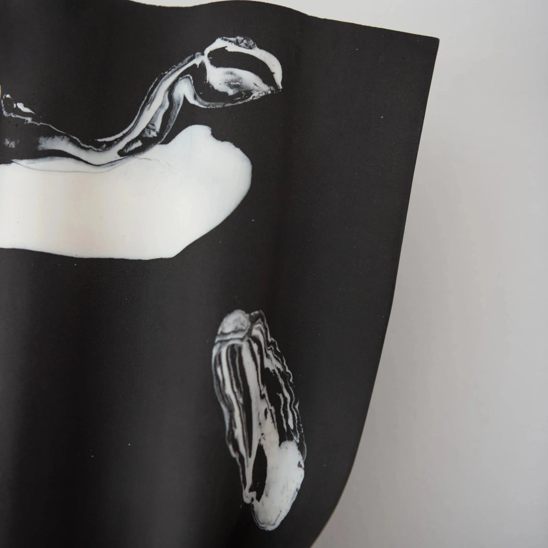 Drape Ceramic &amp; Brass Wall Light — Porcelain Inlay — detail, black stoneware inlay pattern
