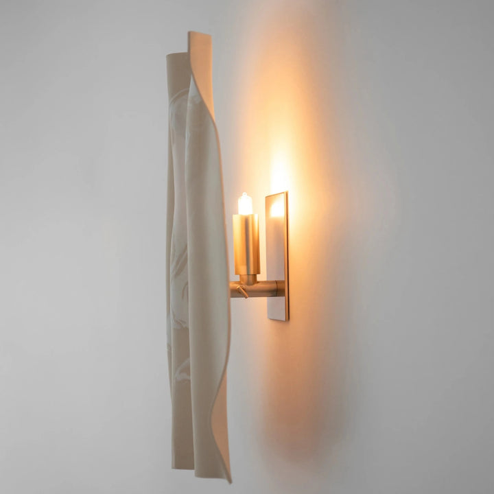 Drape Ceramic &amp; Brass Wall Light — Porcelain Inlay — White stoneware with porcelain inlay, side angle