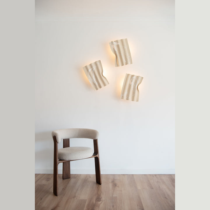 Drape Ceramic &amp; Brass Wall Light — Porcelain Inlay — lifestyle shot, three sconces above a chair