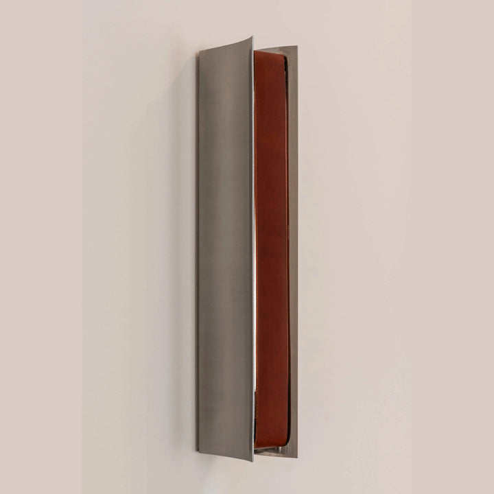 Impermanence Stainless Steel &amp; Leather Wall Light — Brown leather insert, angled front view