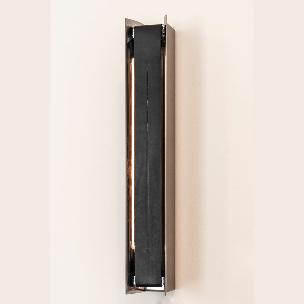 Impermanence Stainless Steel & Leather Wall Light — Black leather insert, straight-on detail of stitched channel