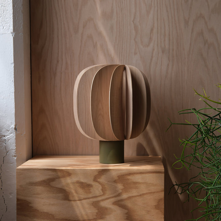 Sleek wooden sculptural lamp with olive base, modern designer decor