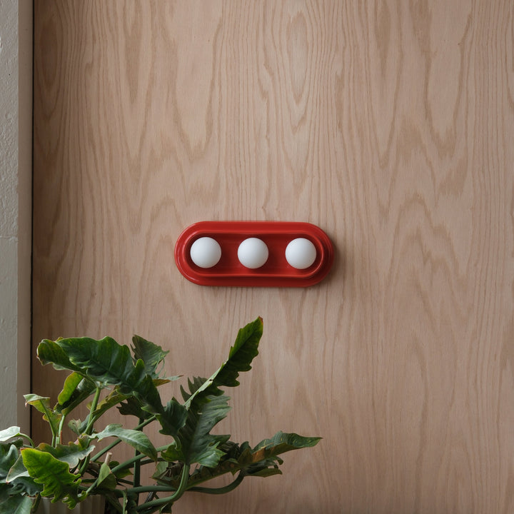 Red ceramic tray with white spheres, styled against wood backdrop with lush greenery
