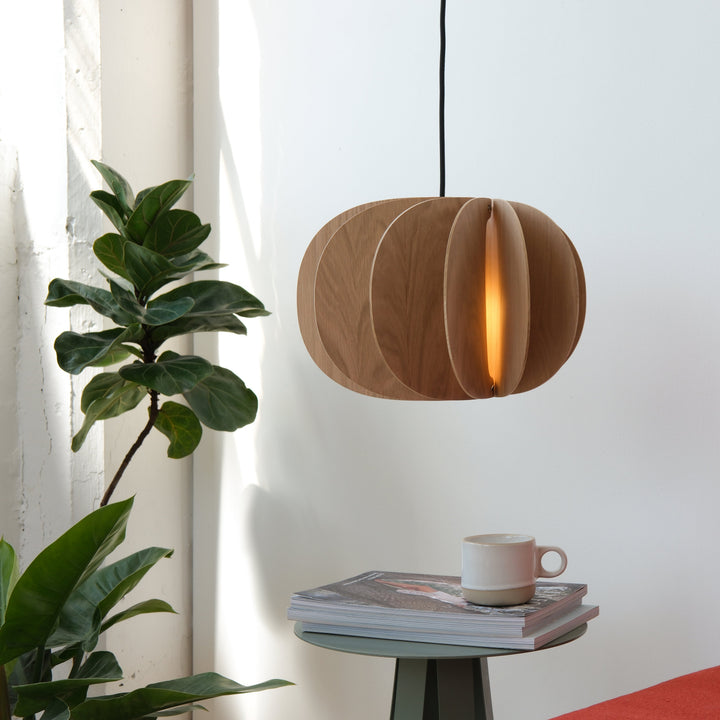 Wooden pendant lamp with warm glow, styled with greenery and modern decor
