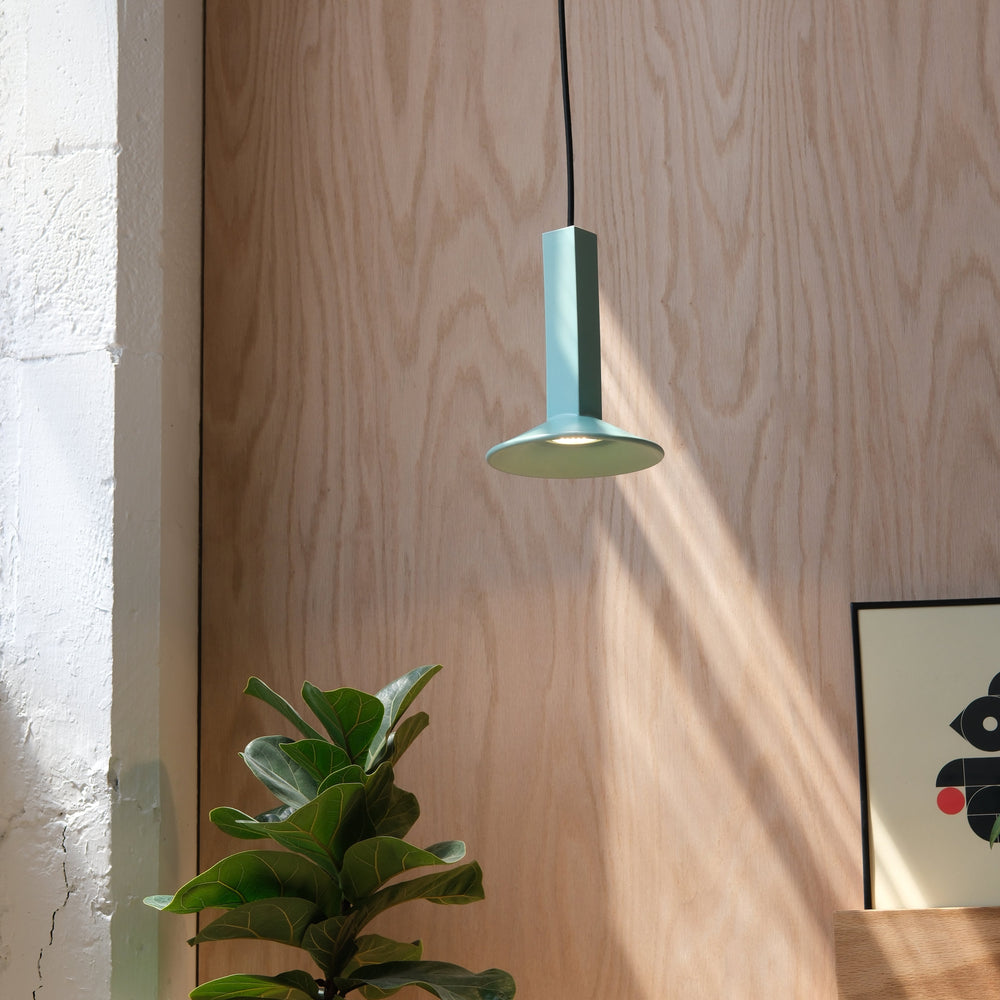 Minimalist mint pendant light with wood backdrop and fiddle leaf fig