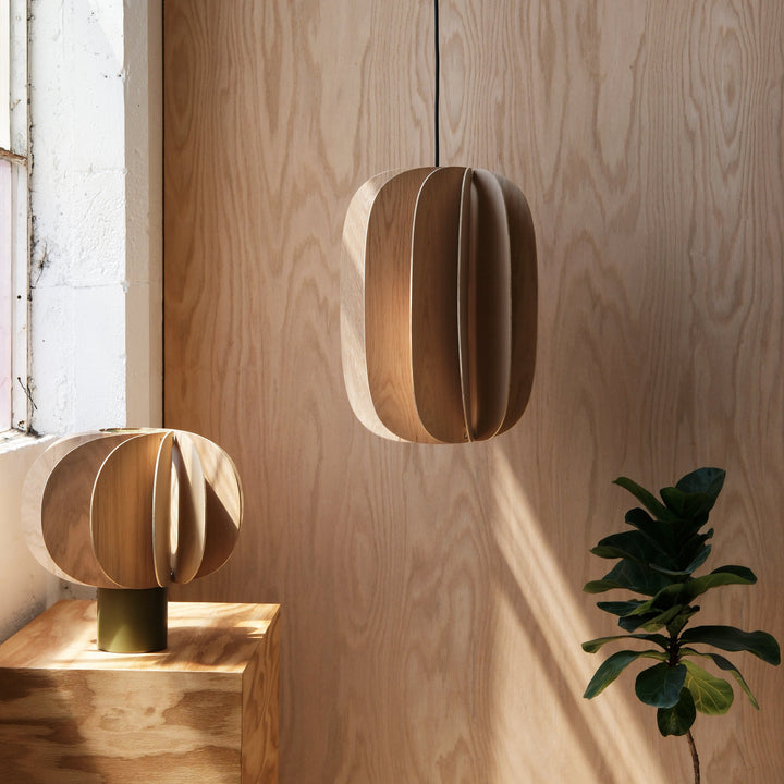 Wooden pendant and table lamps with sleek, layered design, styled against warm wood paneling