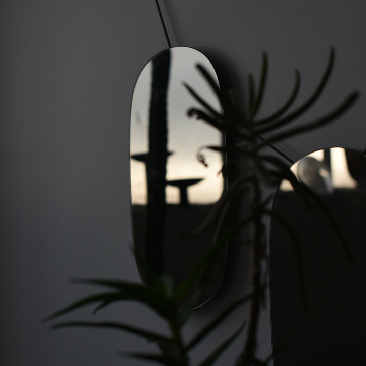 Oval wall mirror with sleek frame, reflecting minimalist decor and greenery