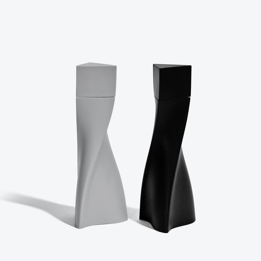 Duo Salt and Pepper Grinder Set — Grey &amp; Black twisted grinders side by side, front view