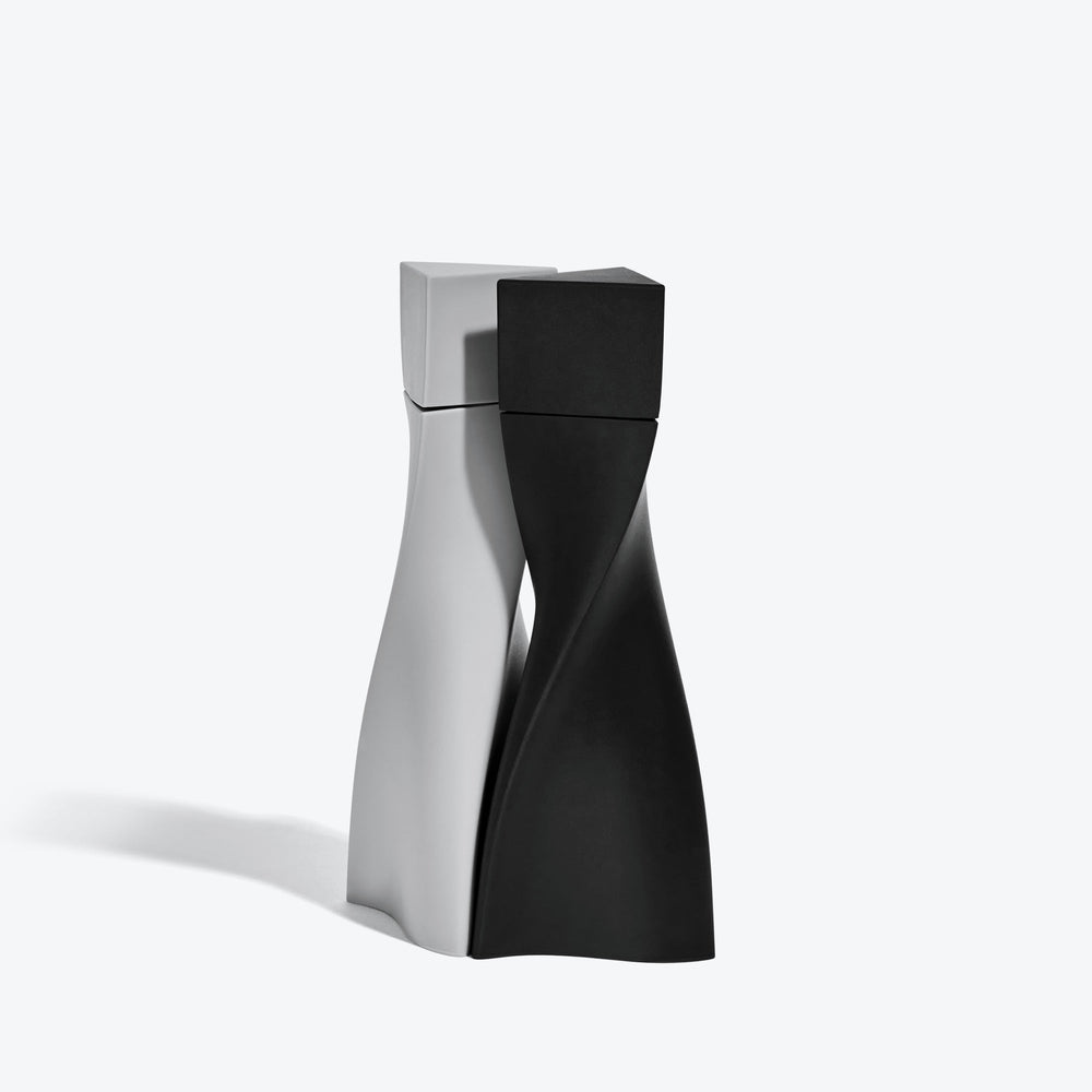 Duo Salt and Pepper Grinder Set — Grey & Black grinders nested together, front view
