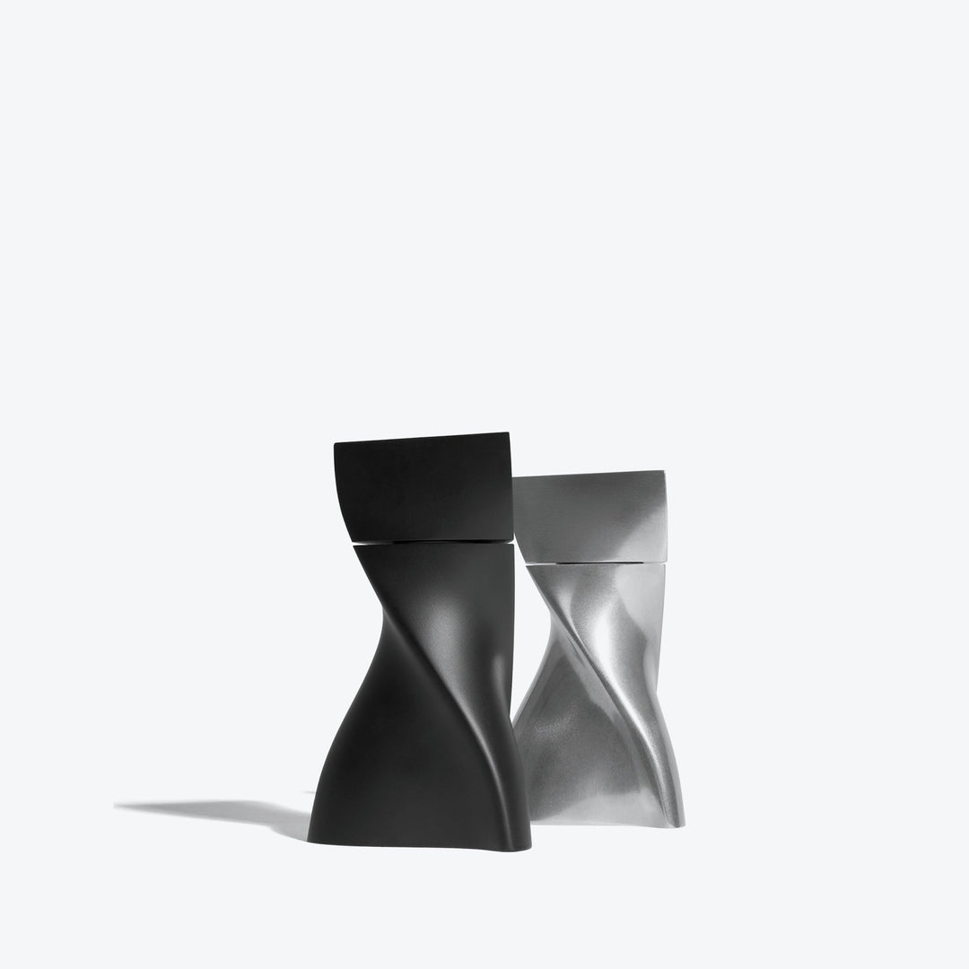 Duo Mini Salt and Pepper Grinder Set — Silver & Black grinders side by side, front view