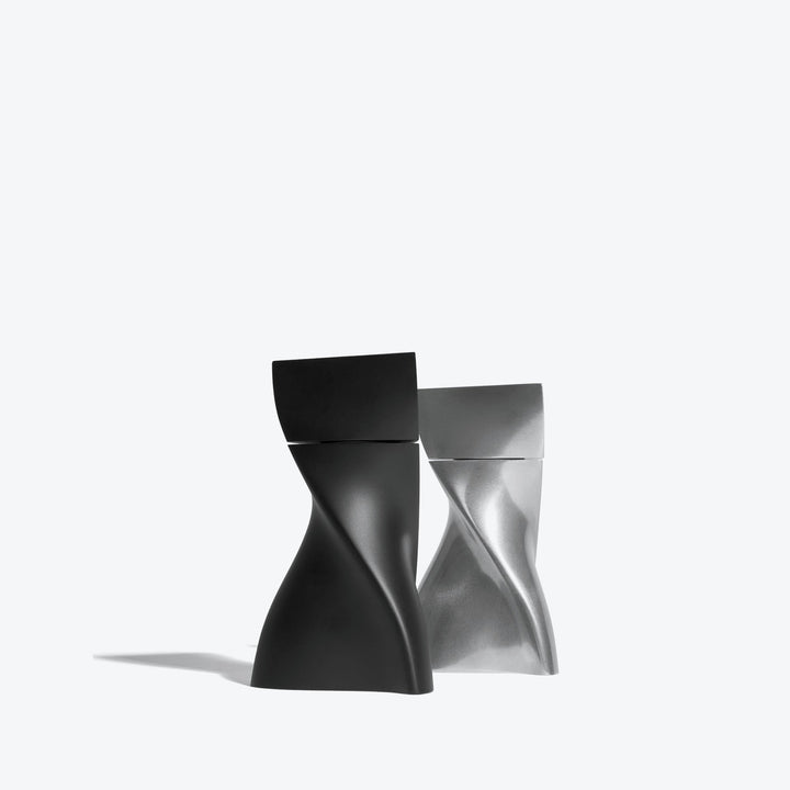 Duo Mini Salt and Pepper Grinder Set — Silver &amp; Black grinders side by side, front view