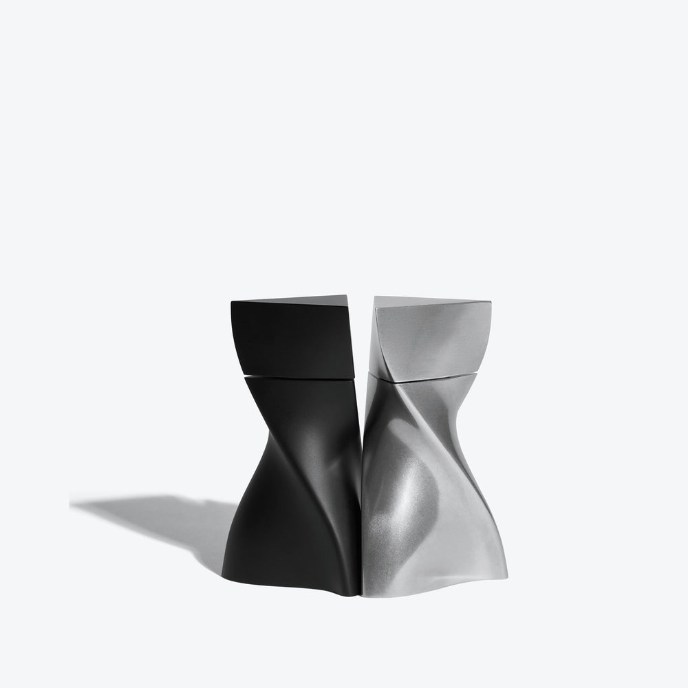 Duo Mini Salt and Pepper Grinder Set — Silver & Black grinders nested together, front view