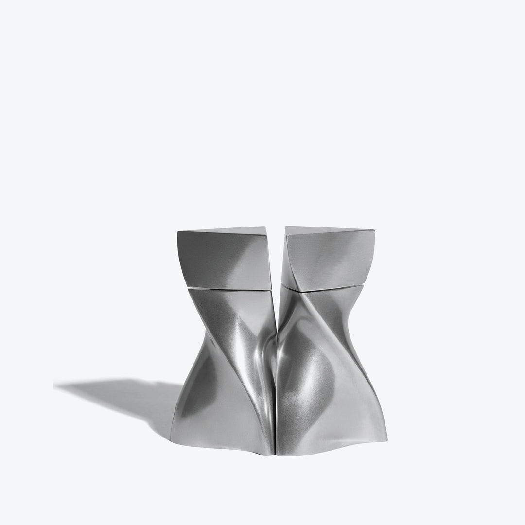 Duo Mini Salt and Pepper Grinder Set — All Silver grinders nested together, front view