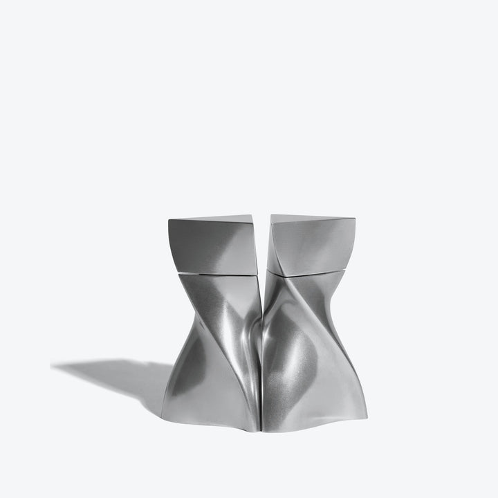 Duo Mini Salt and Pepper Grinder Set — All Silver grinders nested together, front view