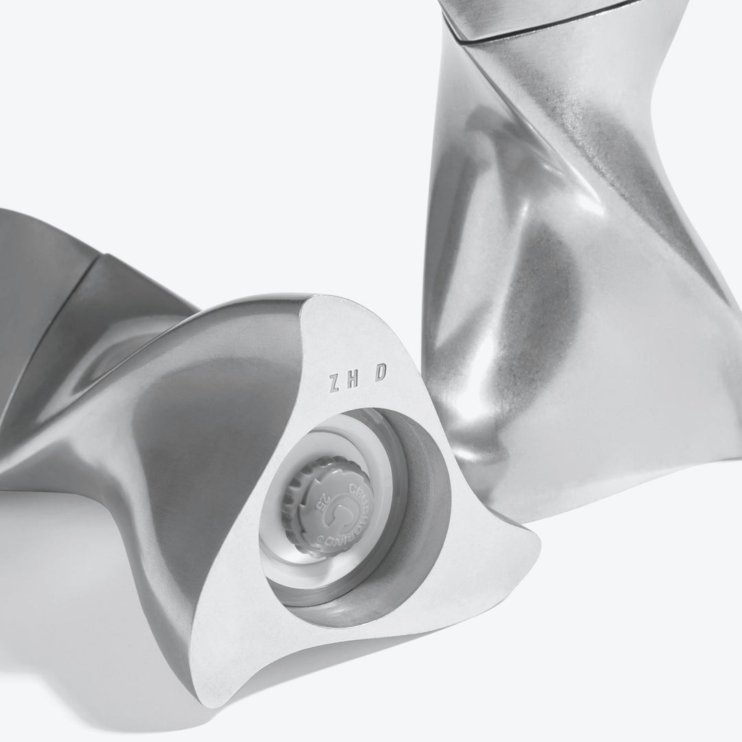 Duo Mini Salt and Pepper Grinder Set — All Silver, close-up of the grinding mechanism and ZHD mark