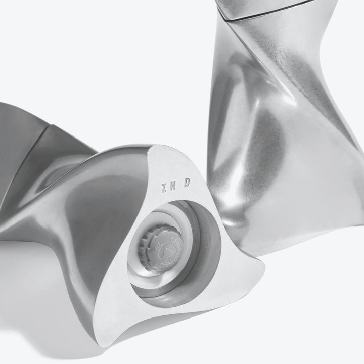 Duo Mini Salt and Pepper Grinder Set — All Silver, close-up of the grinding mechanism and ZHD mark