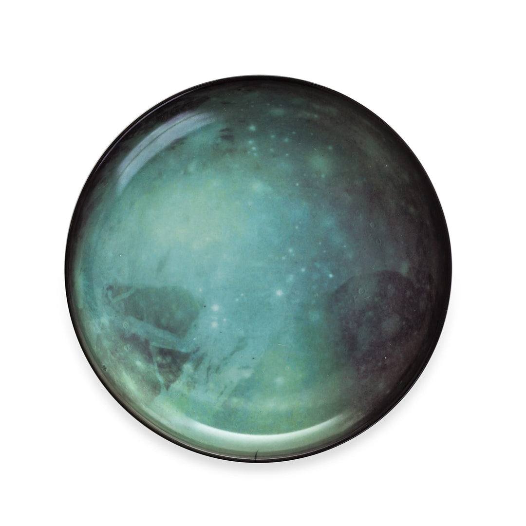 Seletti Cosmic Diner Pluto Dinner Plate, top view of the dinner plate printed with Pluto&