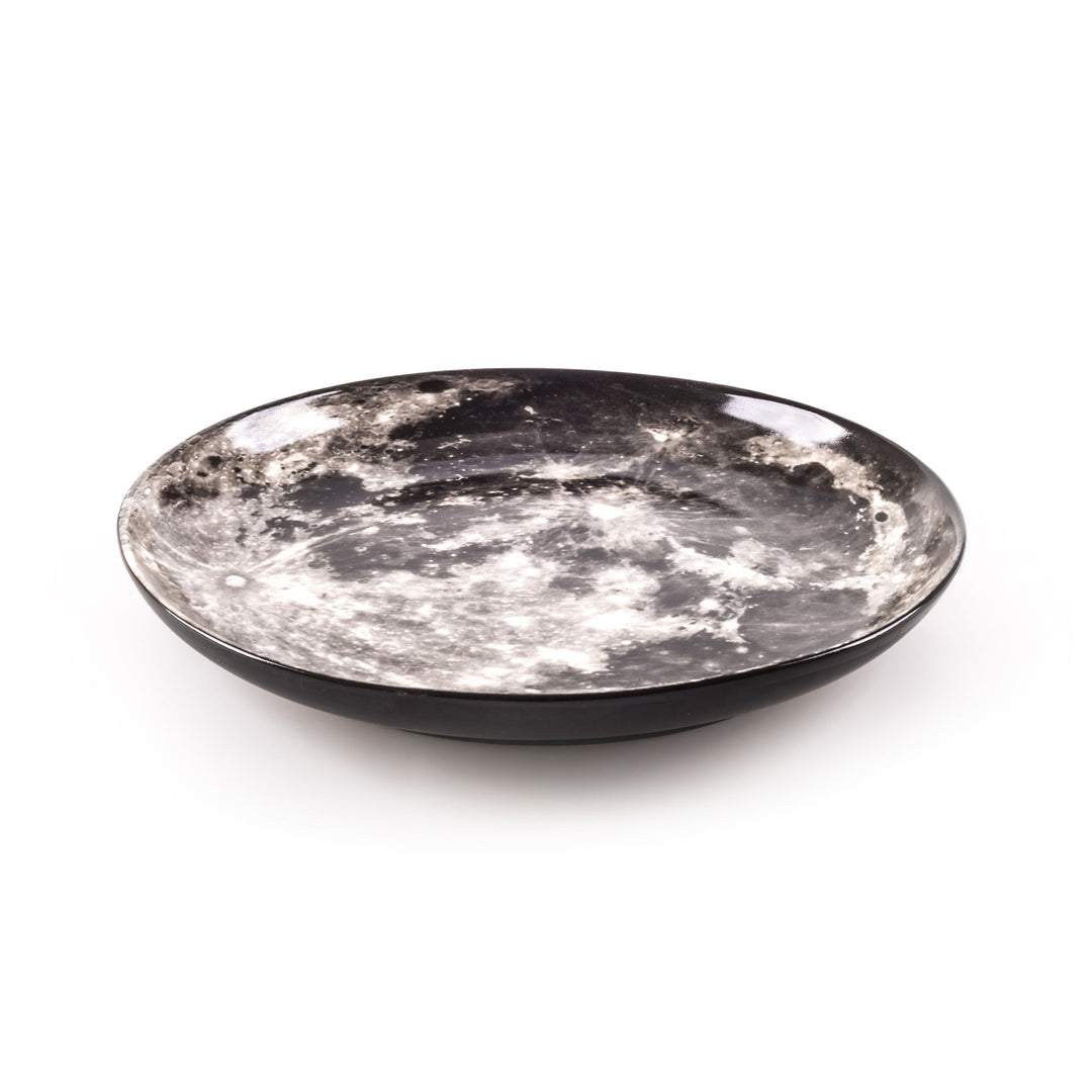Seletti Cosmic Diner Moon Tray, angled view of the moon print and black edge