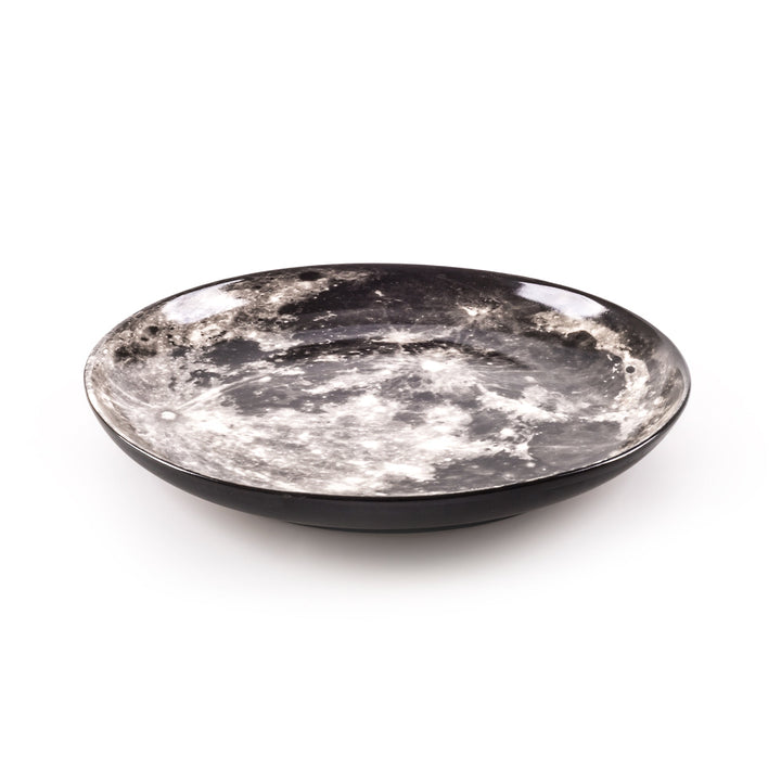 Seletti Cosmic Diner Moon Tray, angled view of the moon print and black edge