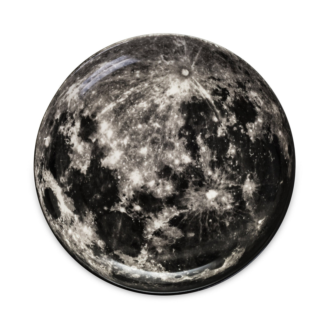 Seletti Cosmic Diner Moon Tray, top view of the round tray printed with the gray cratered face of the Moon