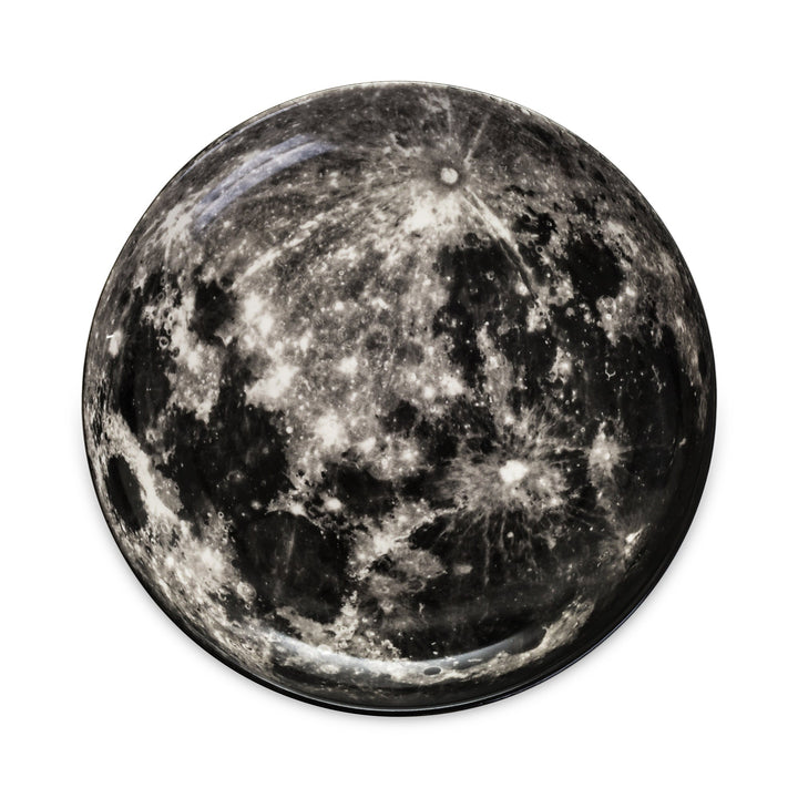 Seletti Cosmic Diner Moon Tray, top view of the round tray printed with the gray cratered face of the Moon