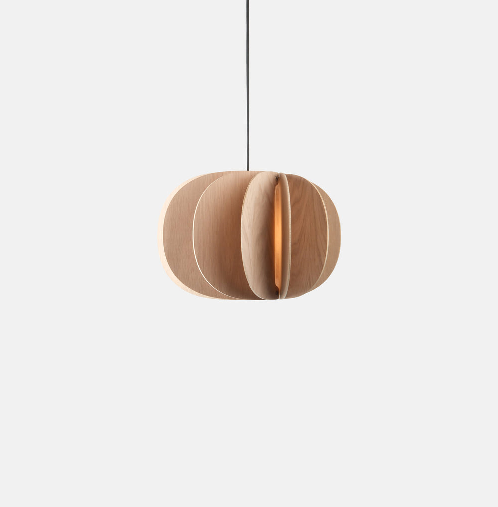 Wooden pendant light with layered design, warm glow, modern minimalist aesthetic