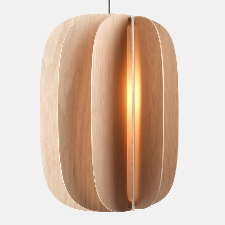 Mid-century modern pendant light in natural wood, sculptural design with warm glow