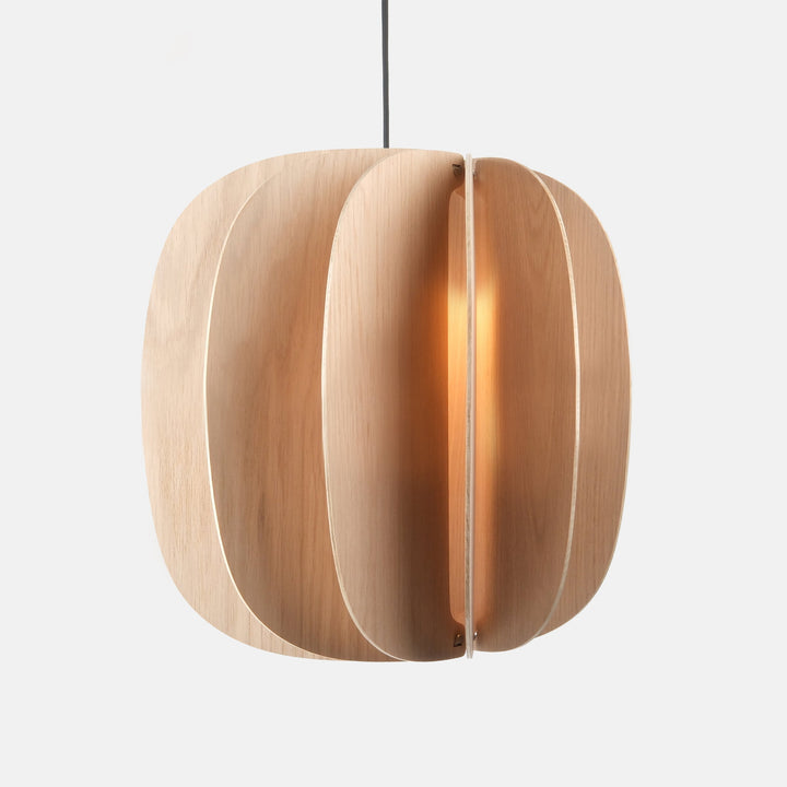 Sculptural oak pendant light with warm glow, modern designer lighting for elegant interiors