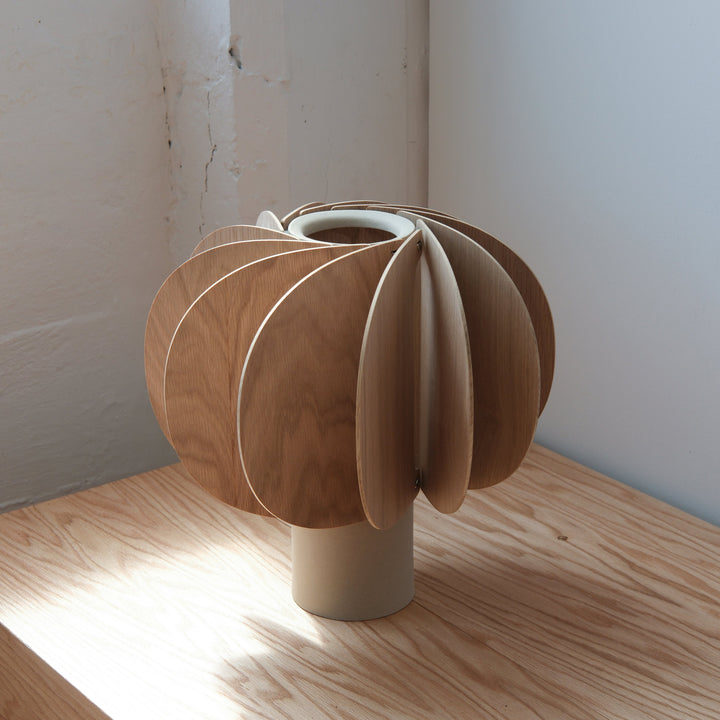 Oak petal vase with ceramic base, modern designer decor