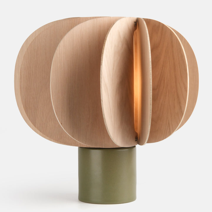 Scandinavian oak table lamp with layered circular shade and olive base, modern designer lighting
