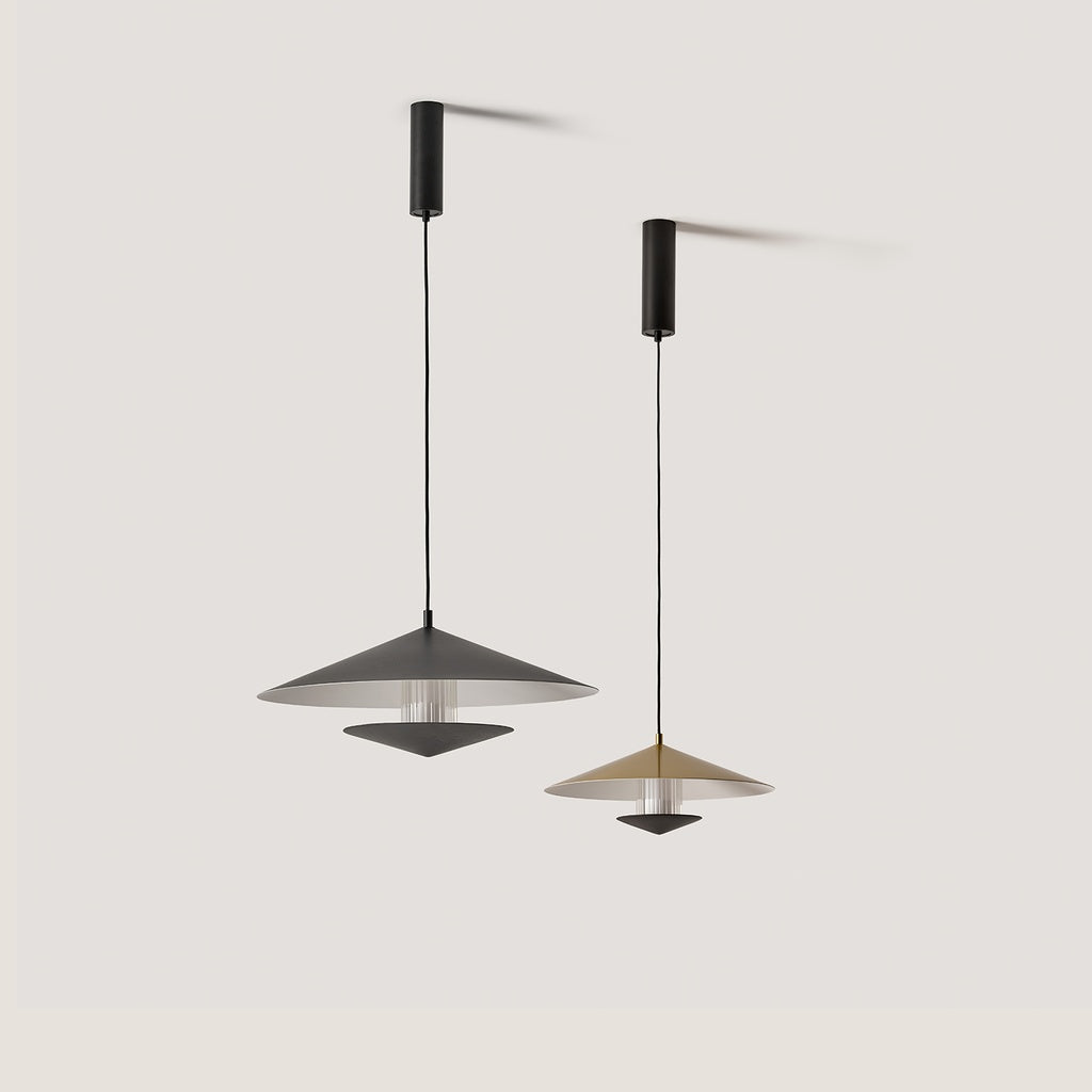 Gehit Pendant Lamp, Large (Ø23.6 in), in black shown with a smaller gold Gehit pendant, unlit