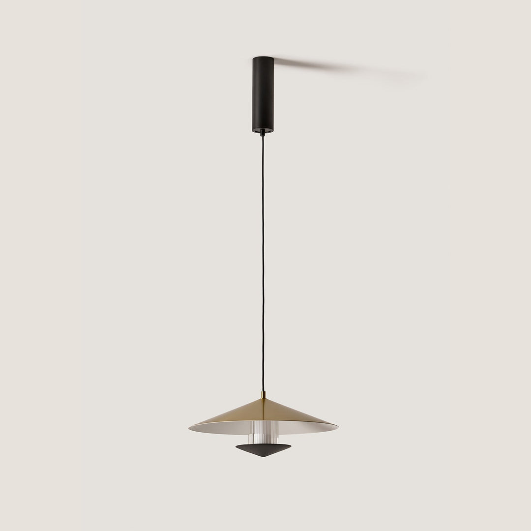 Gehit Pendant Lamp, Large (Ø23.6 in),, wide aged gold cone shade over ribbed glass diffuser, black canopy, unlit, by Aromas del Campo